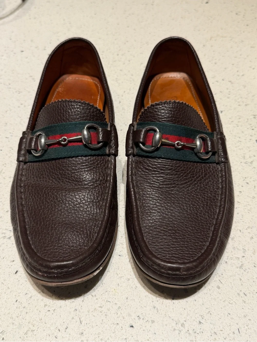 Gucci Dark Brown Pebbled Leather Bit Loafers with Green & Red Web